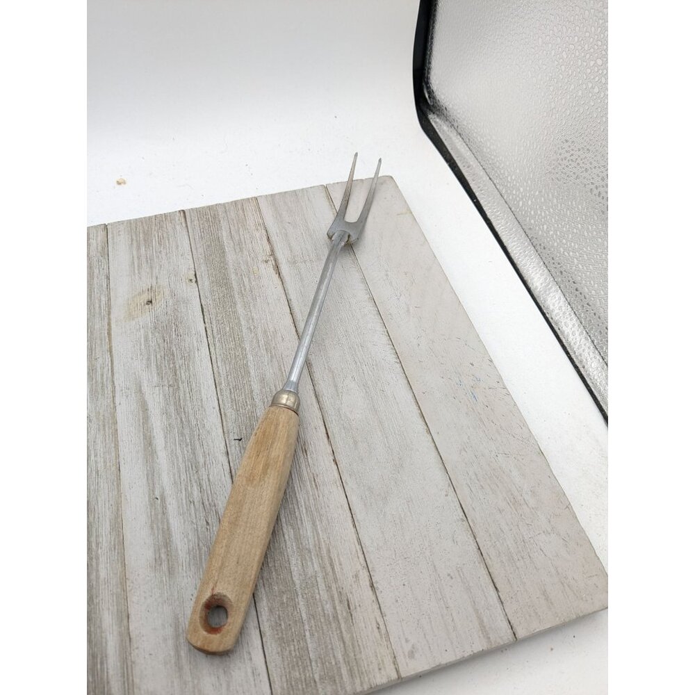 Vintage EKCO Chrome Plated Solid Meat Utility Fork Tan Wood Handle 13"